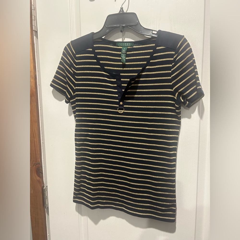 Lauren Ralph Lauren Navy and Gold Striped short sleeve Shirt